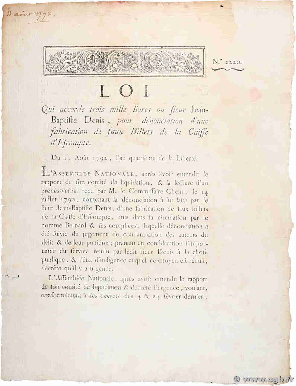 Loi FRANCE régionalisme et divers  1792  TTB