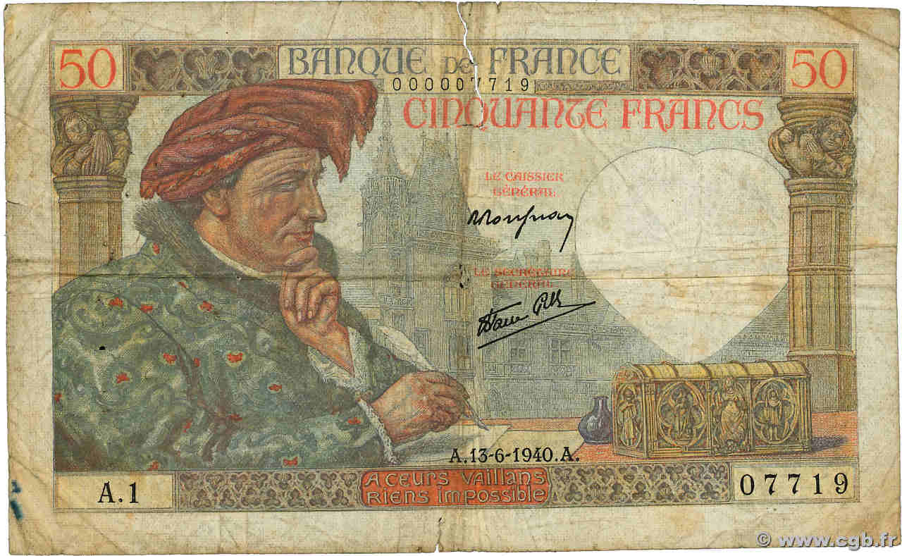 50 Francs JACQUES CŒUR Petit numéro FRANKREICH  1940 F.19.01A1 fS