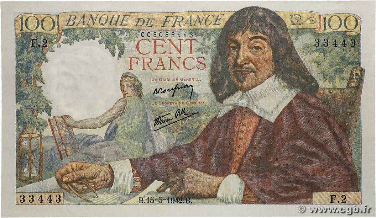 100 Francs DESCARTES FRANCE  1942 F.27.01 NEUF