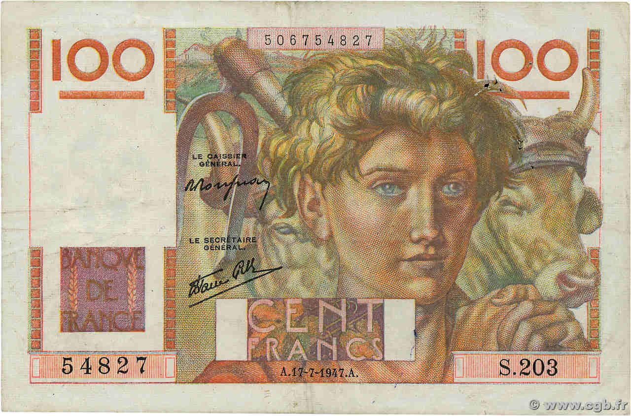 100 Francs JEUNE PAYSAN Favre-Gilly FRANCIA  1947 F.28ter.01 MBC