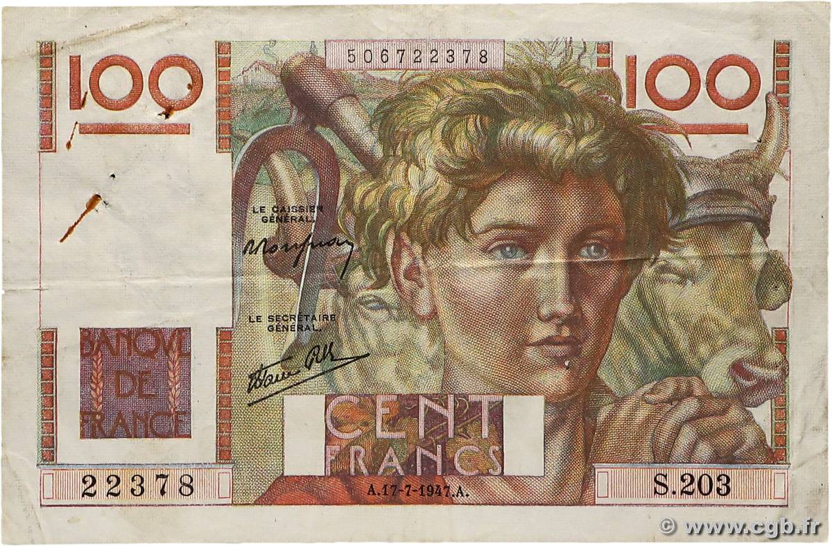100 Francs JEUNE PAYSAN Favre-Gilly FRANKREICH  1947 F.28ter.01 fSS
