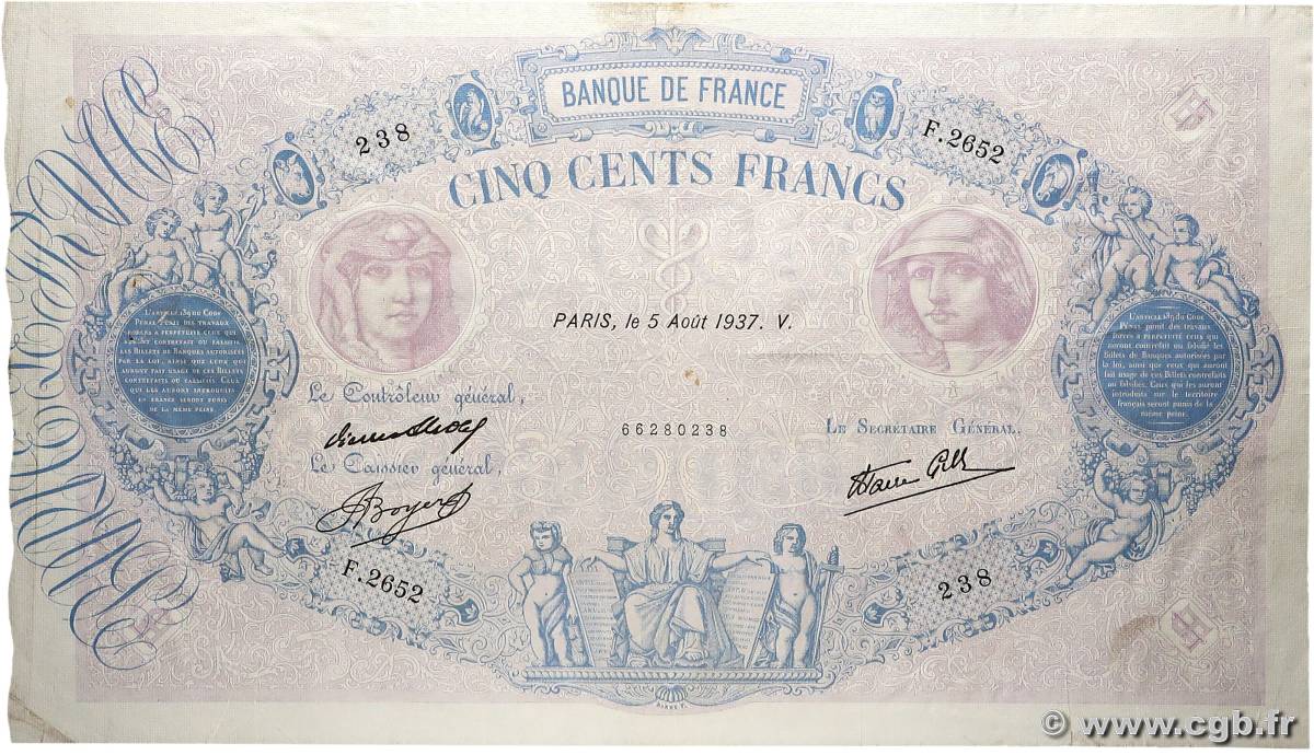 500 Francs BLEU ET ROSE modifié FRANCIA  1937 F.31.01 q.BB