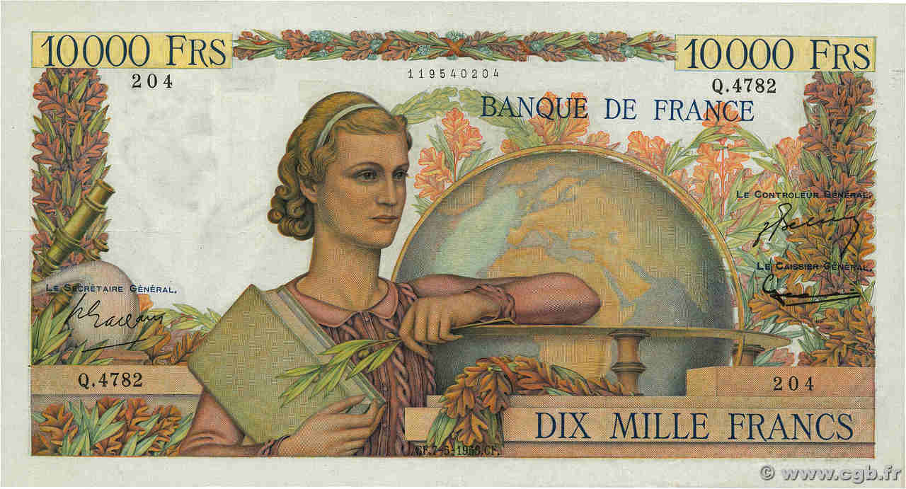 10000 Francs GÉNIE FRANÇAIS FRANCIA  1953 F.50.65 MBC+