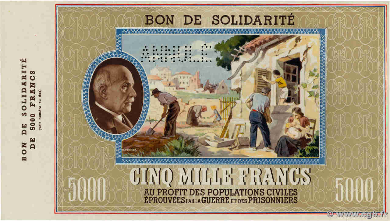 5000 Francs BON DE SOLIDARITE Annulé FRANCE régionalisme et divers  1941 KL.13Bs NEUF