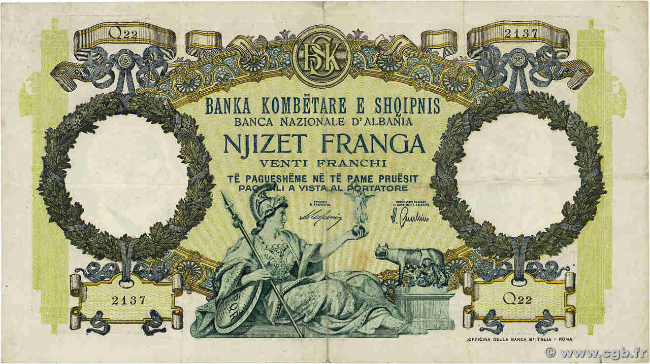 20 Franga ALBANIA  1939 P.07 VF