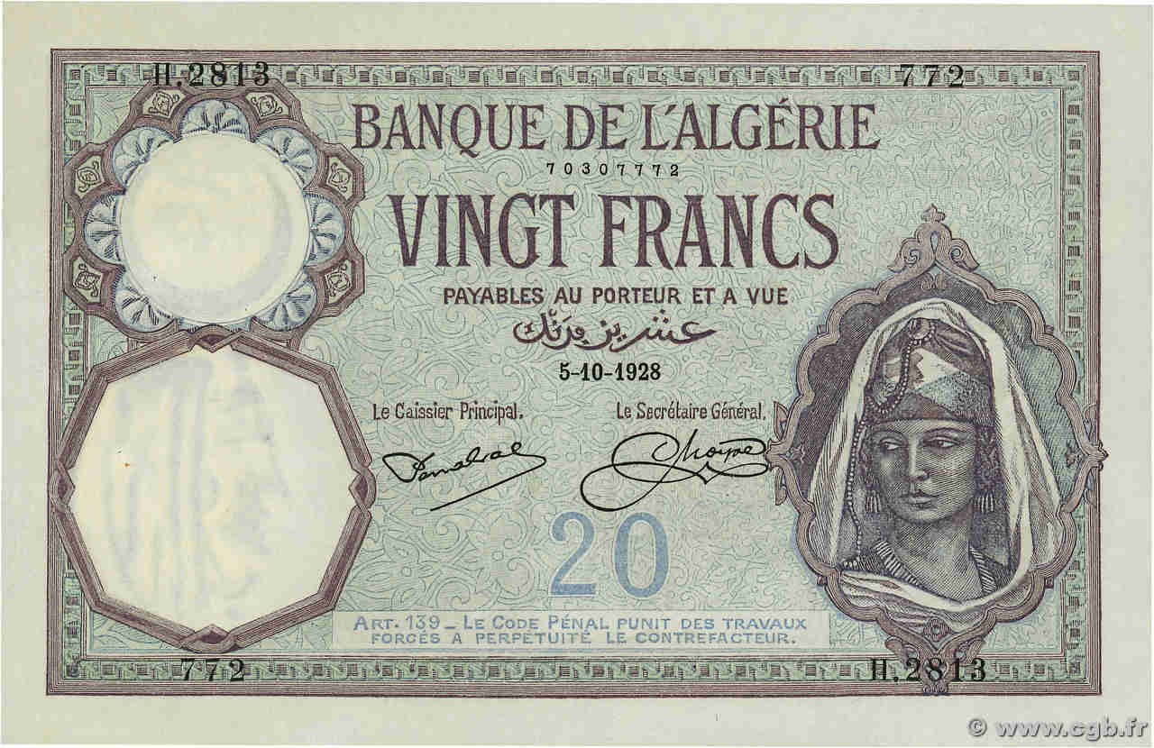 20 Francs ALGÉRIE  1928 P.078b SUP+