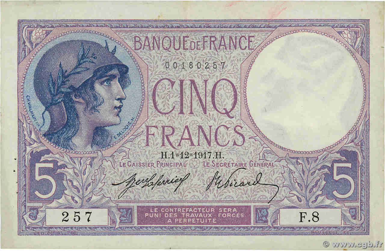 5 Francs FEMME CASQUÉE FRANCE  1917 F.03.01 TTB