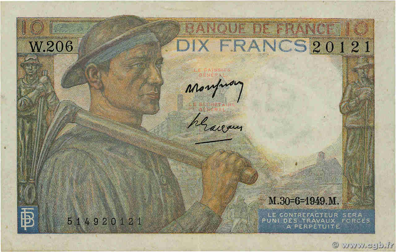 10 Francs MINEUR FRANCIA  1949 F.08.22a q.SPL