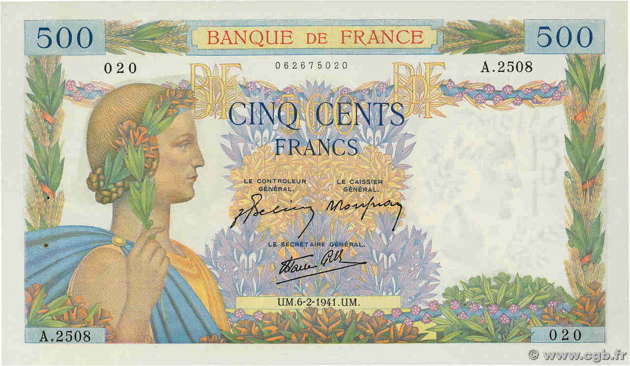 500 Francs LA PAIX FRANCE  1941 F.32.14 pr.SPL