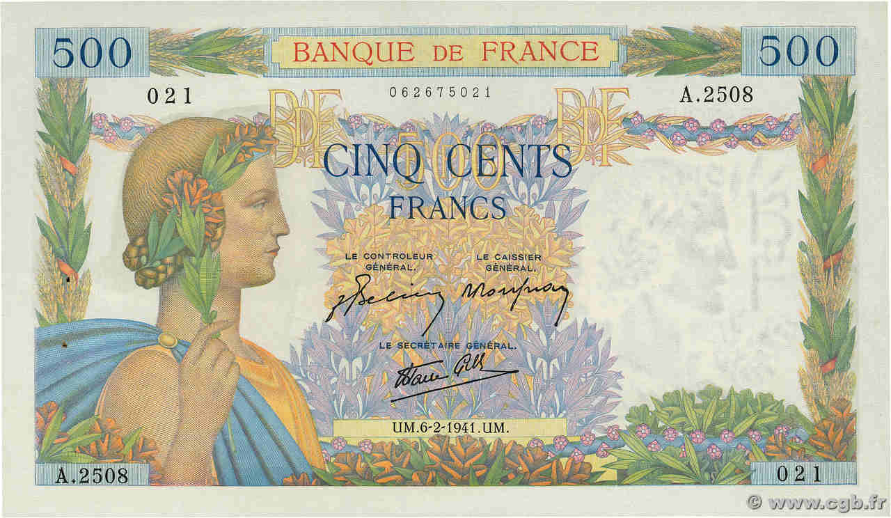 500 Francs LA PAIX FRANCE  1941 F.32.14 pr.SPL
