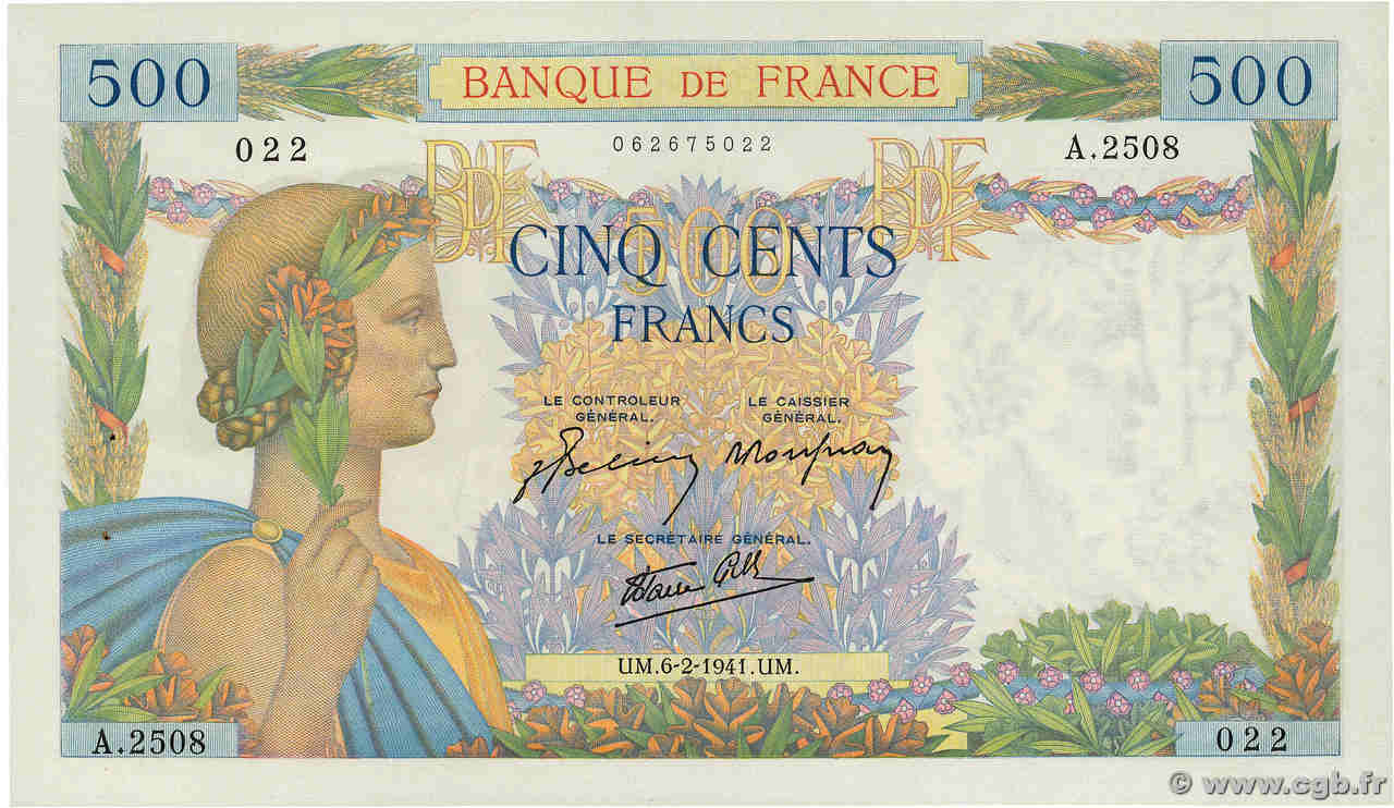 500 Francs LA PAIX FRANKREICH  1941 F.32.14 fST