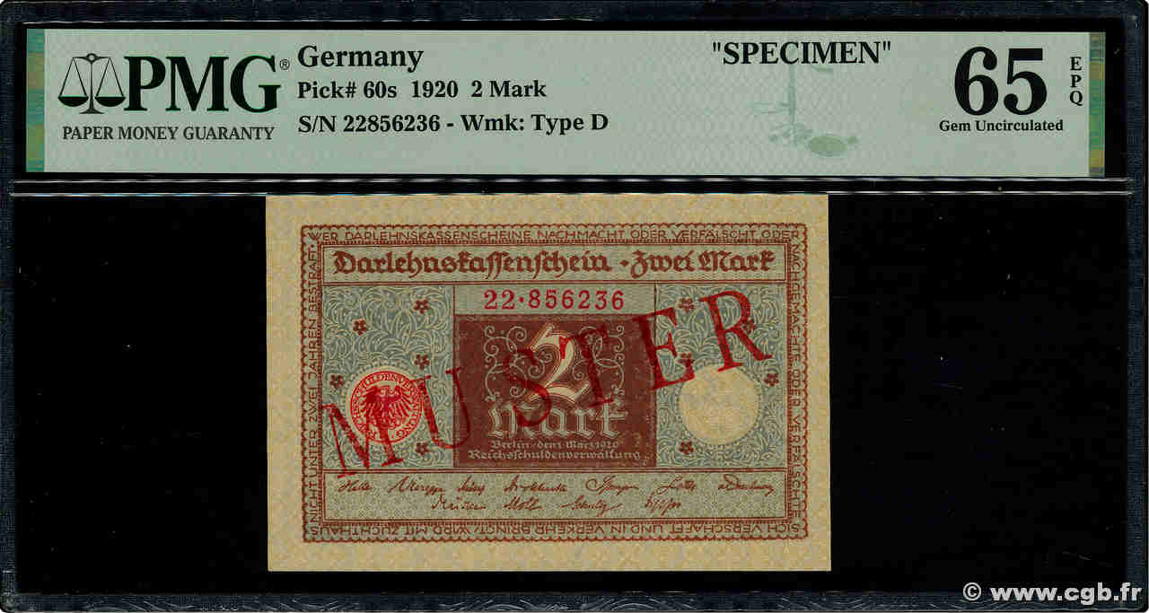 2 Mark Spécimen DEUTSCHLAND  1920 P.060s ST