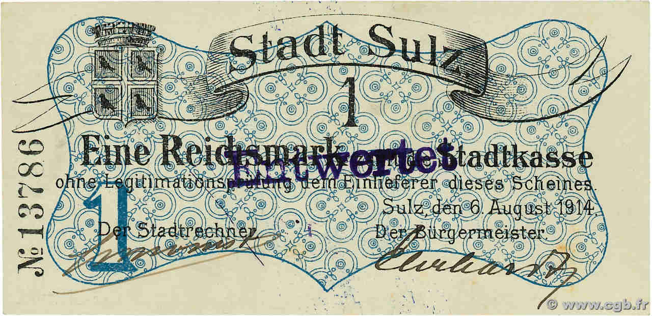 1 Reichsmark Annulé GERMANY Soultz 1914 P.- UNC-