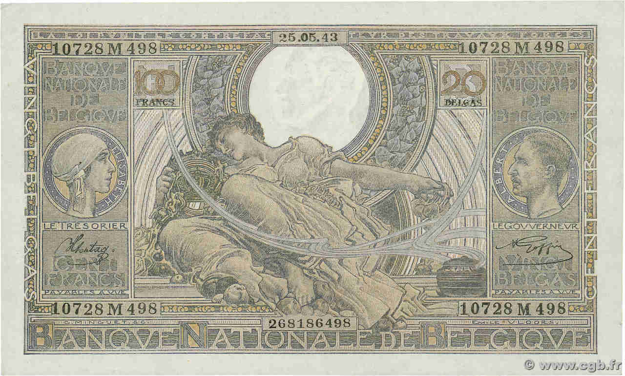 100 Francs - 20 Belgas BELGIQUE  1943 P.107 SPL