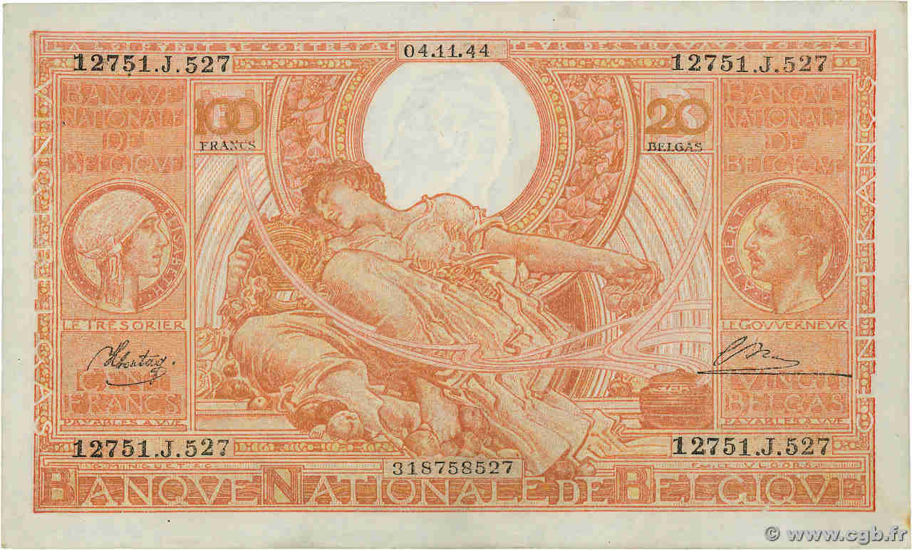 100 Francs - 20 Belgas BELGIUM  1944 P.113 AU-