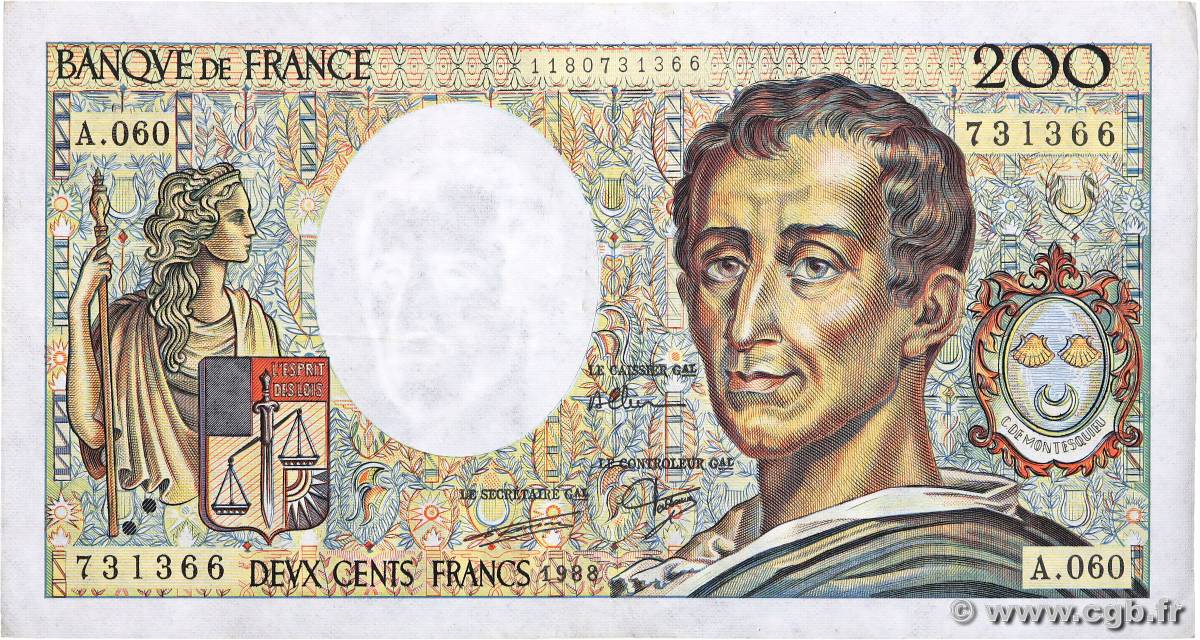 200 Francs MONTESQUIEU FRANCE  1988 F.70.08 VF+