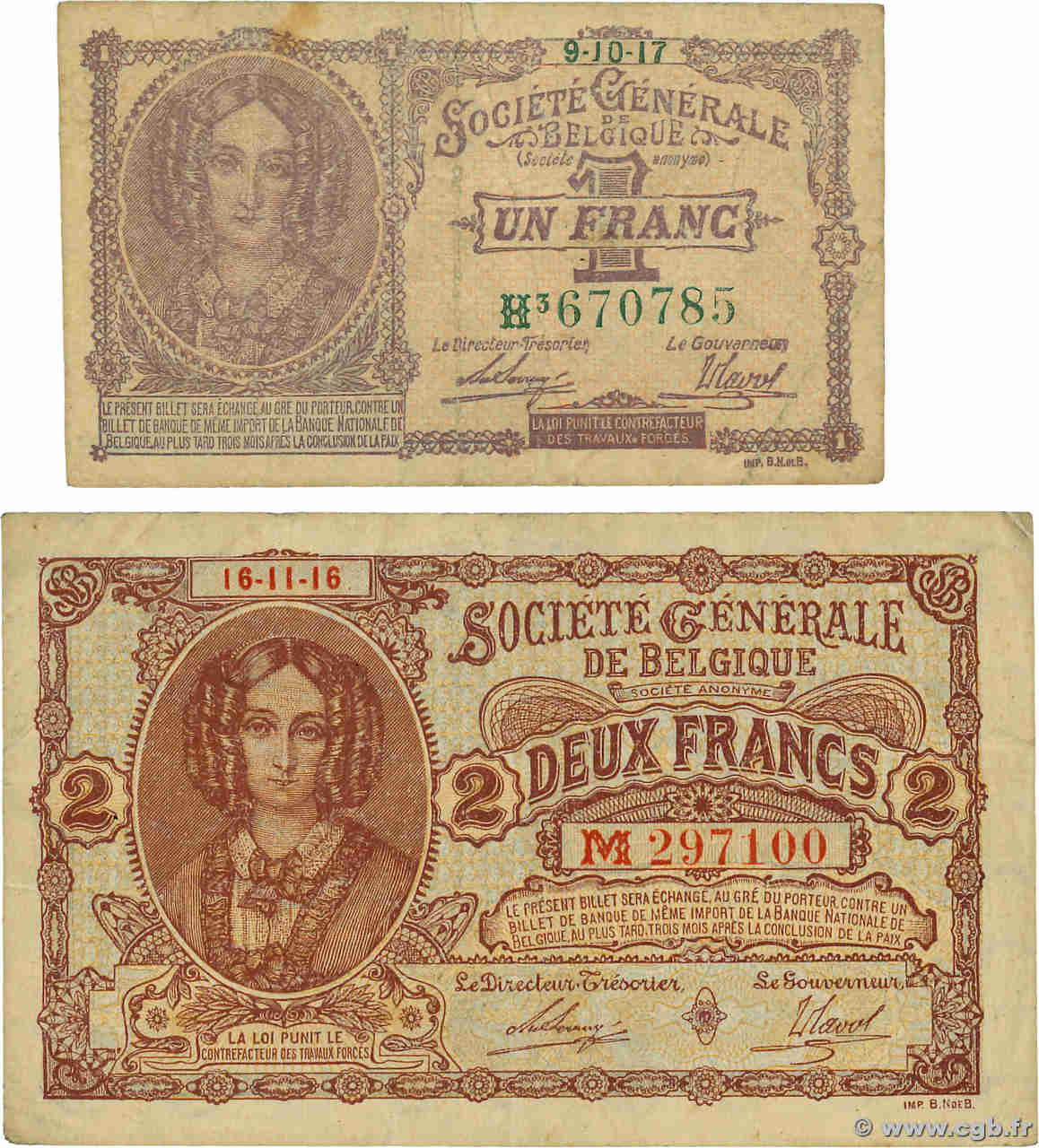 1 et 2 Francs Lot BELGIQUE  1917 P.086b et P.087 TB