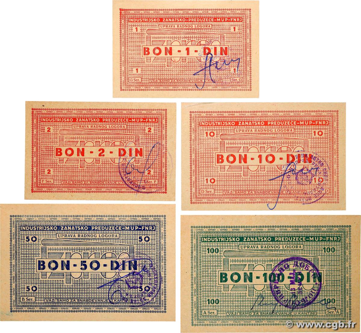 1 à 100 Dinars Lot YUGOSLAVIA Zemun 1951 P.- AU+