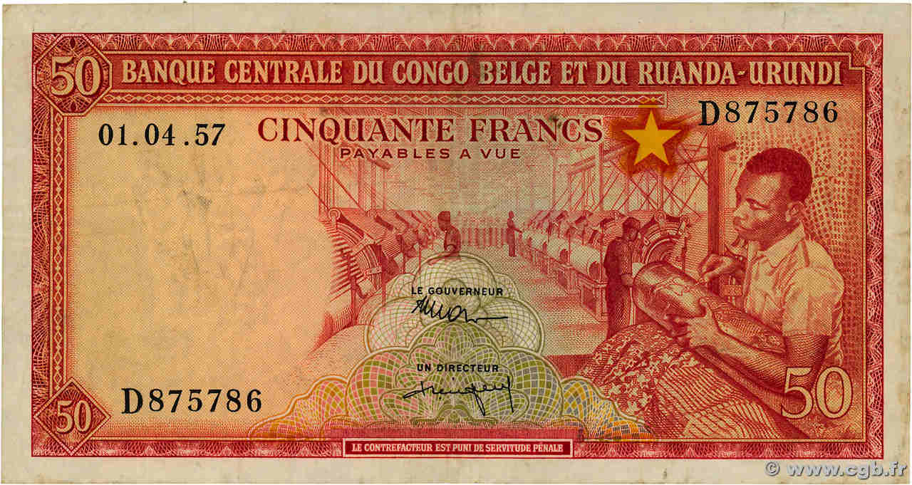 50 Francs BELGIAN CONGO  1957 P.32 VF