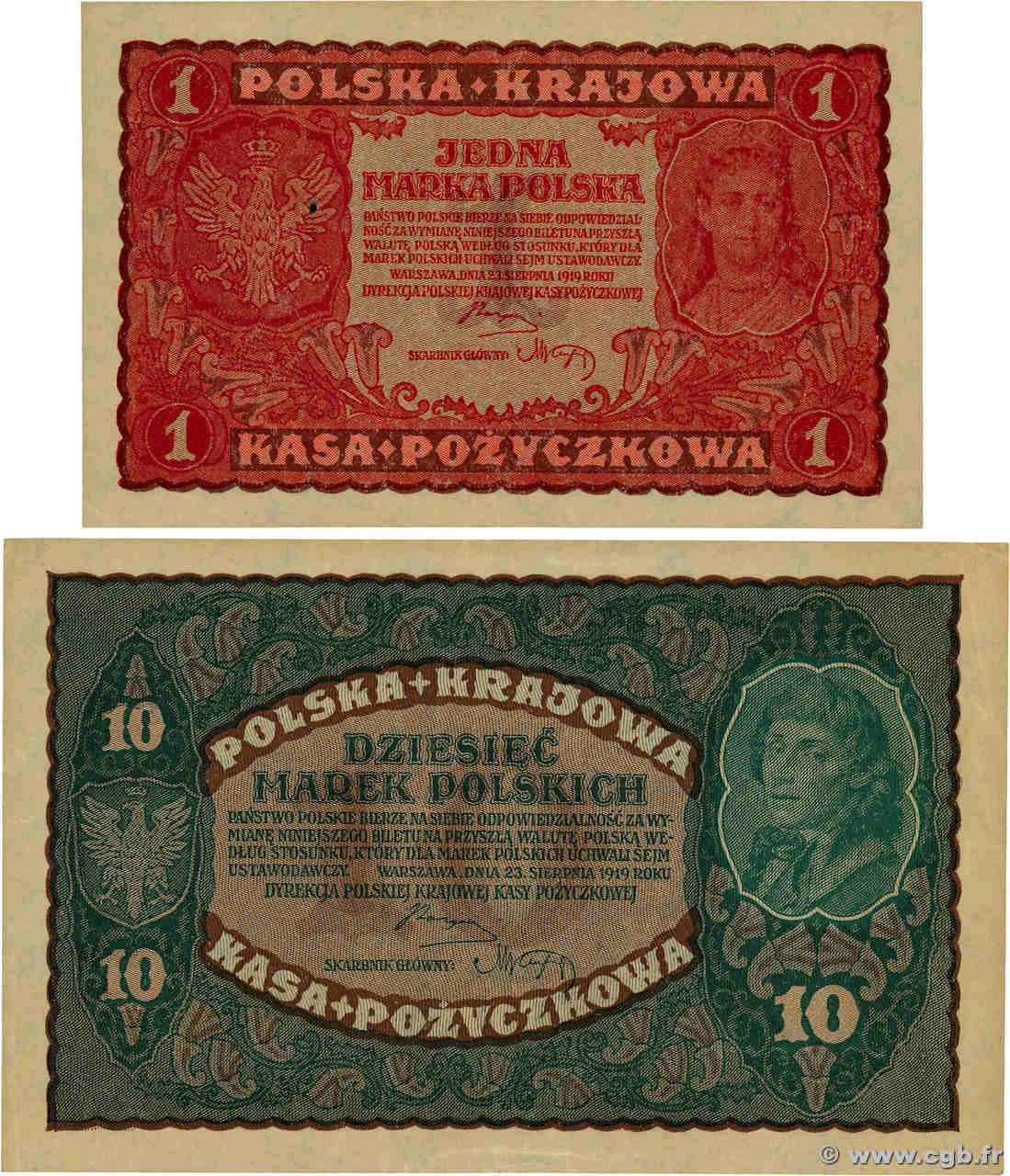 1 Marka et 10 Marek Lot POLOGNE  1919 P.023 SUP