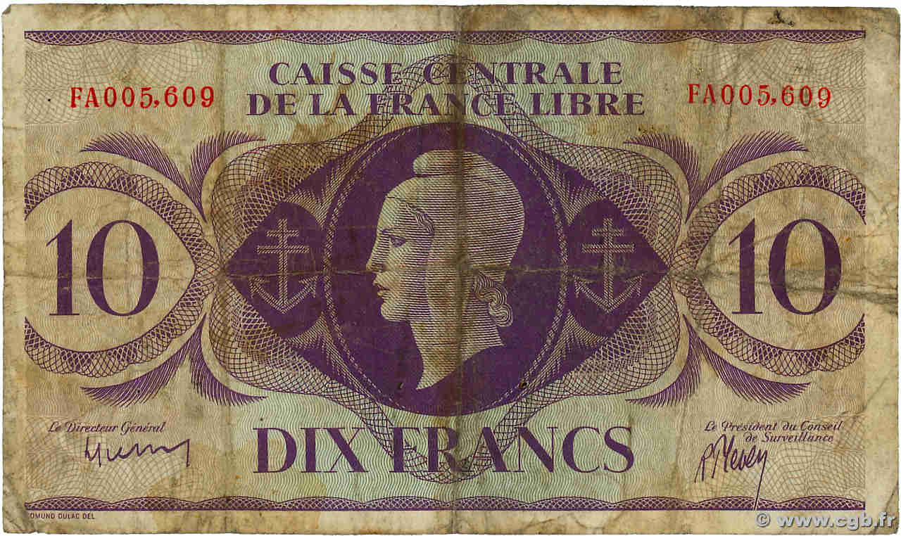 10 Francs SAN PEDRO Y MIGUELóN  1943 P.11 RC+