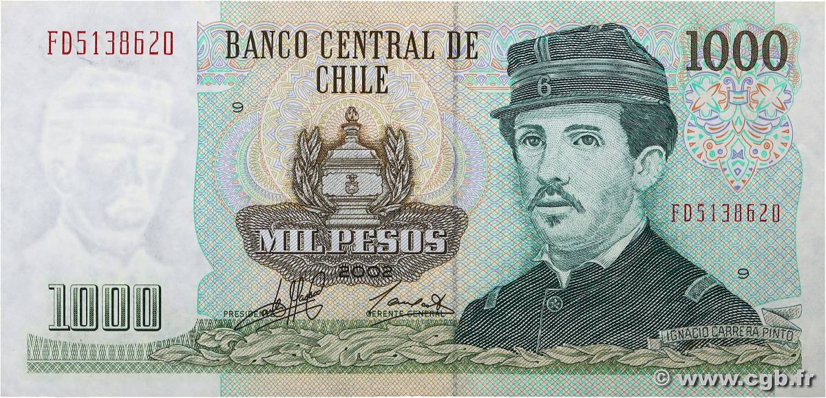 1000 Pesos CHILI  2002 P.154f TTB+