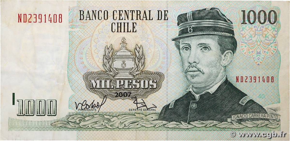 1000 Pesos CHILE  2007 P.154g VF-