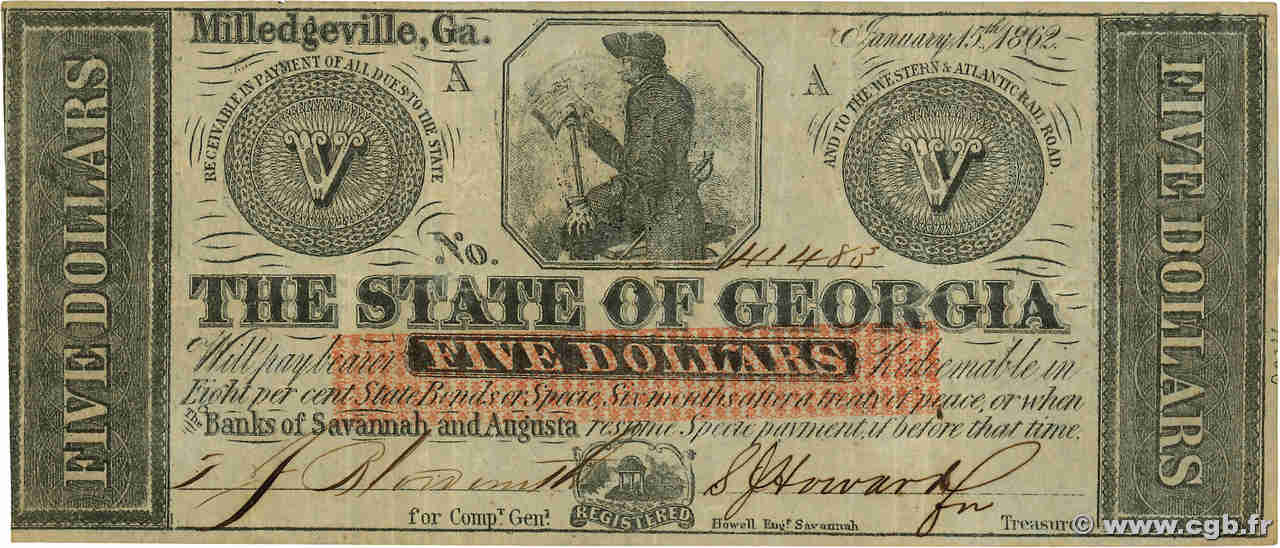 5 Dollars ÉTATS-UNIS D AMÉRIQUE Milledgeville 1862 PS.0852 TTB+