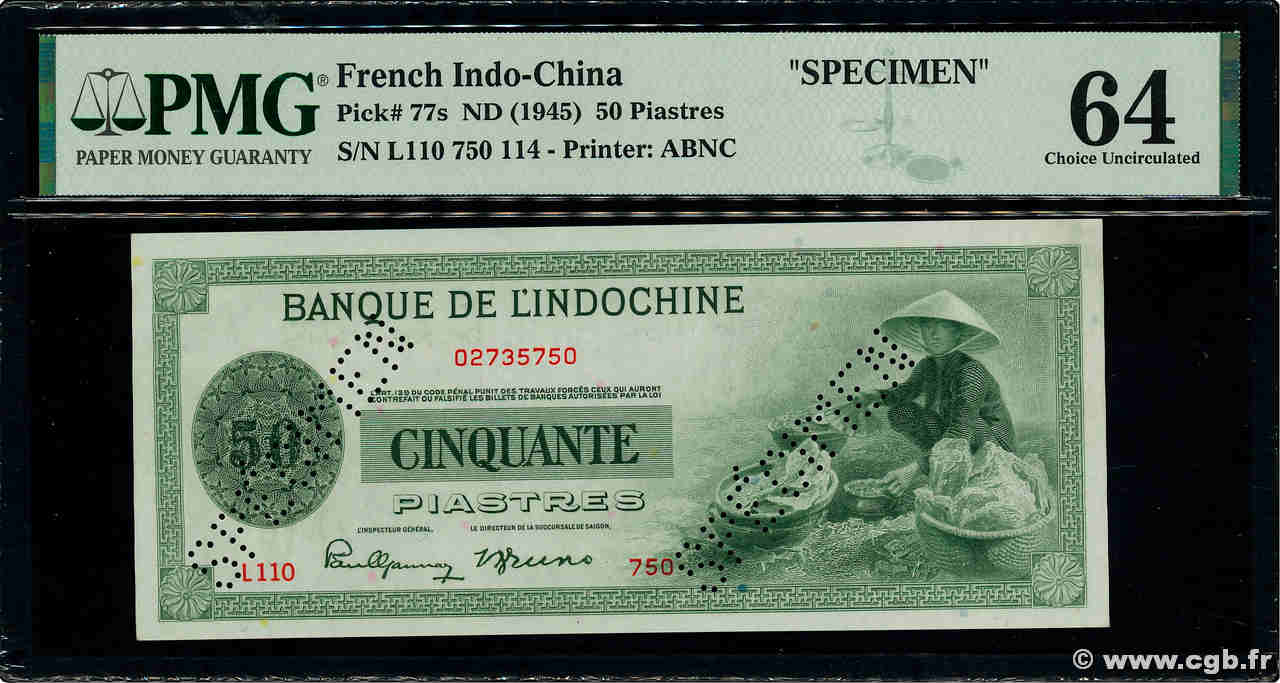 50 Piastres Spécimen FRENCH INDOCHINA  1945 P.077s UNC-