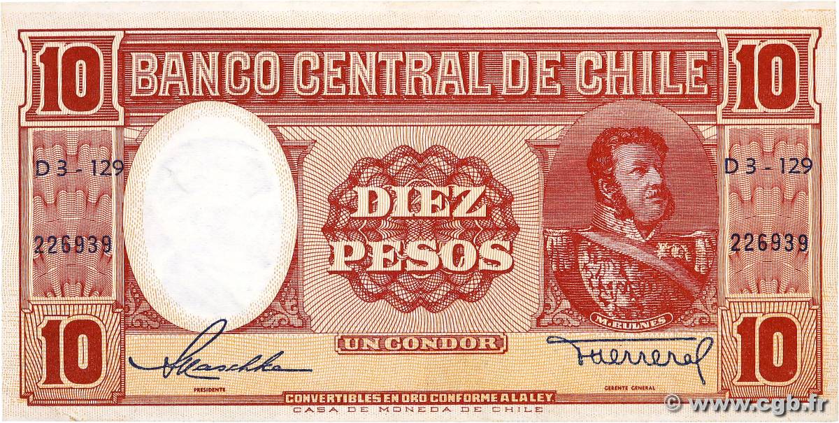 10 Pesos - 1 Condor CHILE  1958 P.120 XF+