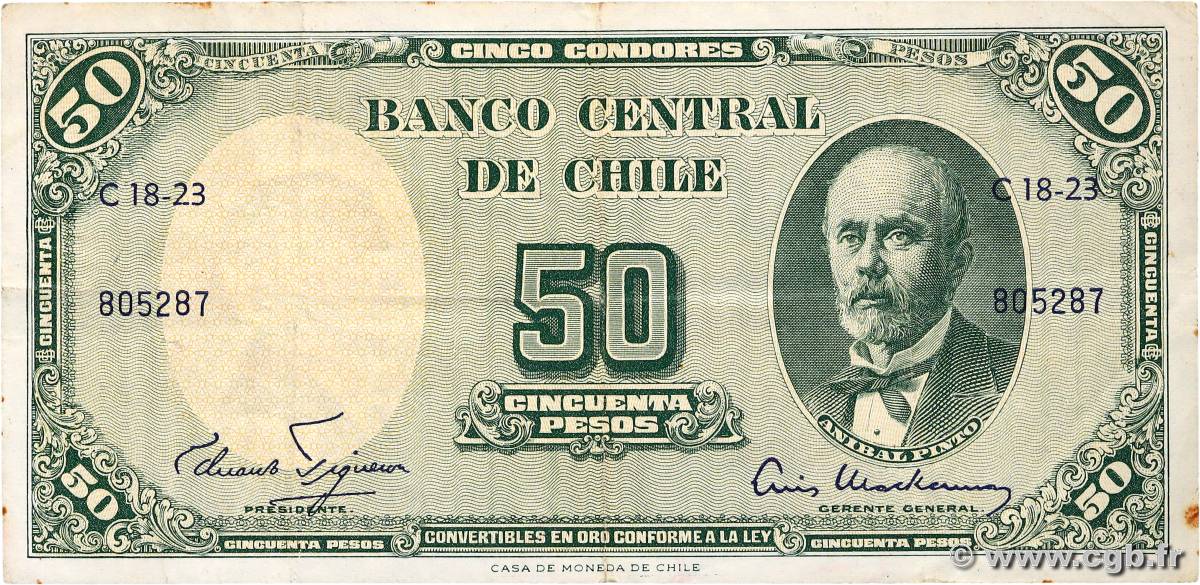 5 Centesimos sur 50 Pesos CHILE  1960 P.126b VF+