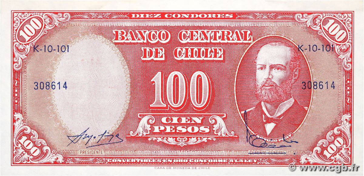 10 Centesimos sur 100 Pesos CHILI  1960 P.127a pr.NEUF