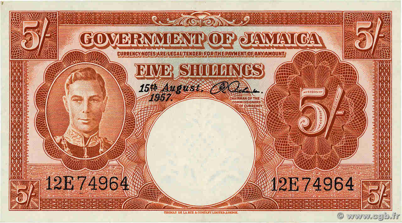 5 Shillings JAMAICA  1957 P.37b AU