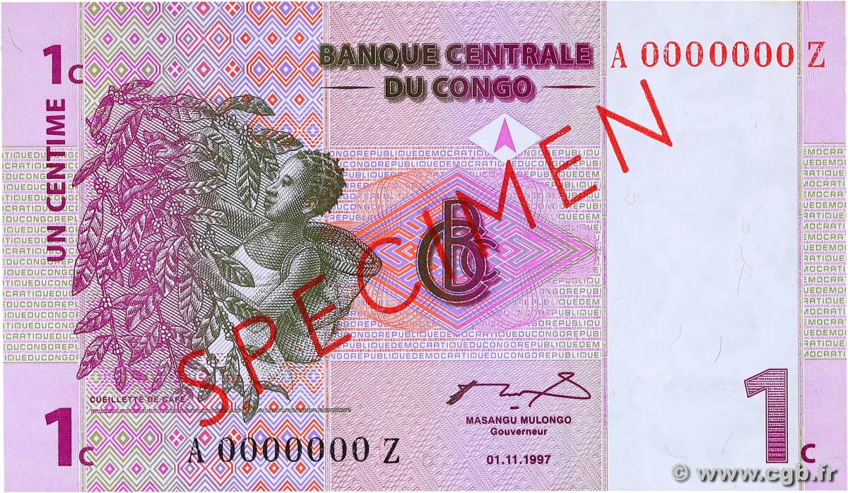 1 Centime Spécimen REPUBBLICA DEMOCRATICA DEL CONGO  1997 P.080s FDC