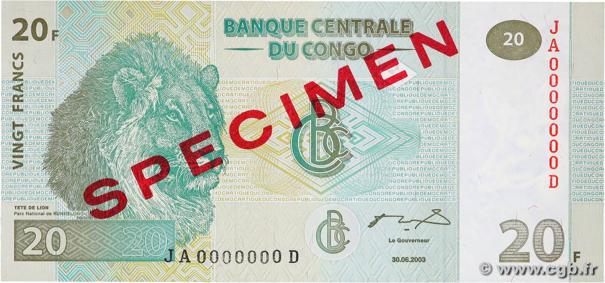 20 Francs Spécimen REPUBBLICA DEMOCRATICA DEL CONGO  2003 P.094as FDC