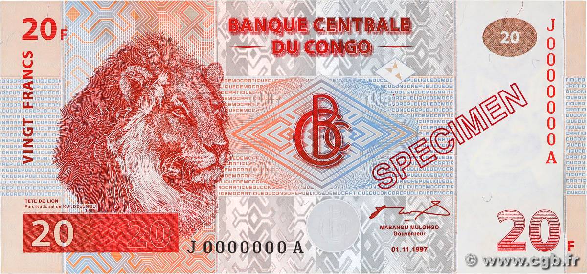 20 Francs Spécimen REPUBBLICA DEMOCRATICA DEL CONGO  1997 P.088s q.FDC