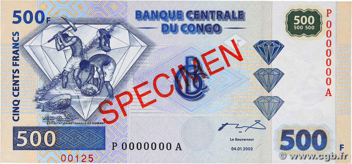 500 Francs Spécimen CONGO, DEMOCRATIQUE REPUBLIC  2002 P.096 UNC