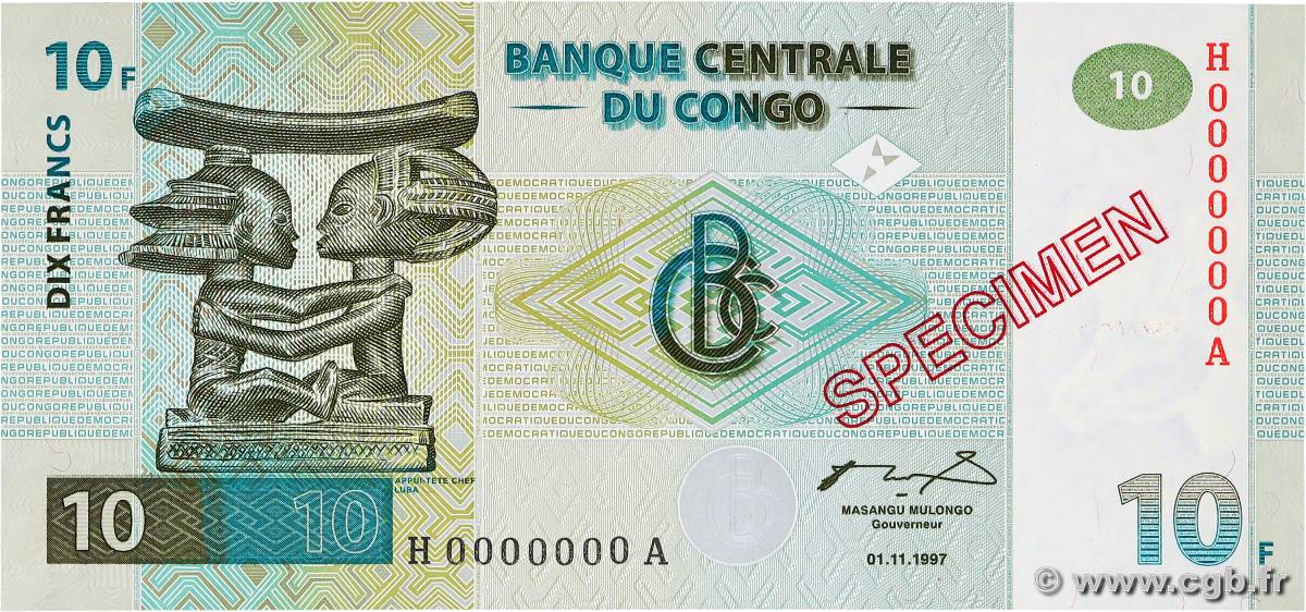 10 Francs Spécimen CONGO, DEMOCRATIC REPUBLIC  1997 P.087s UNC-