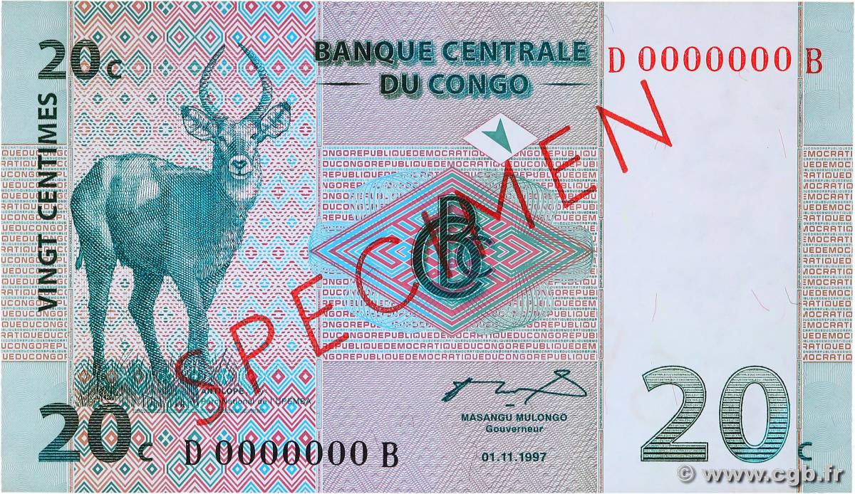 20 Centimes Spécimen RÉPUBLIQUE DÉMOCRATIQUE DU CONGO  1997 P.083s SPL