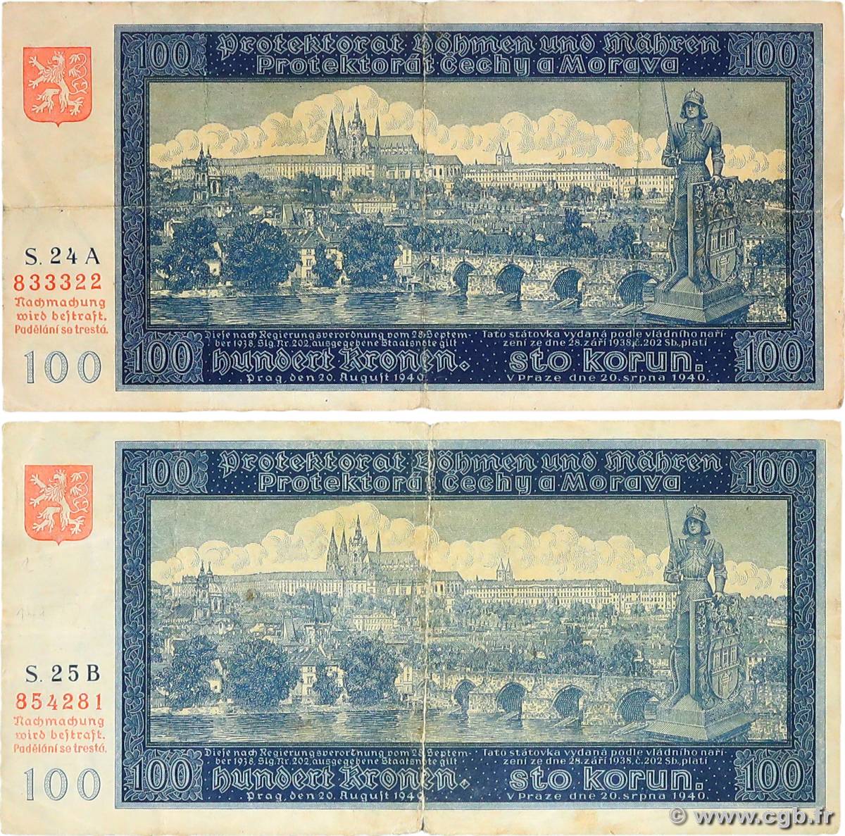 100 Korun Lot BOHEMIA & MORAVIA  1940 P.07a F