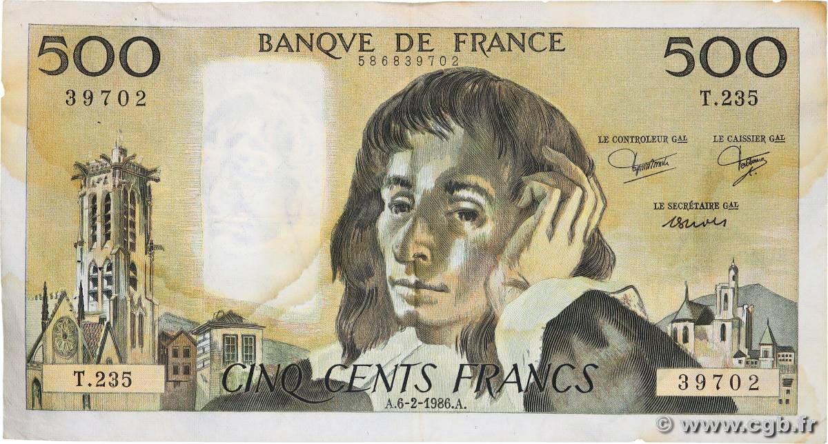 500 Francs PASCAL FRANCE  1986 F.71.34 VF