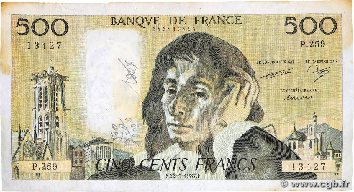 500 Francs PASCAL FRANCE  1987 F.71.36 TB+