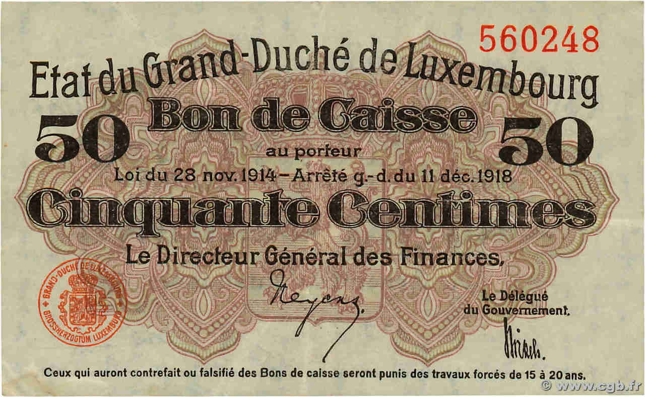 50 Centimes LUXEMBURG  1919 P.26 fVZ