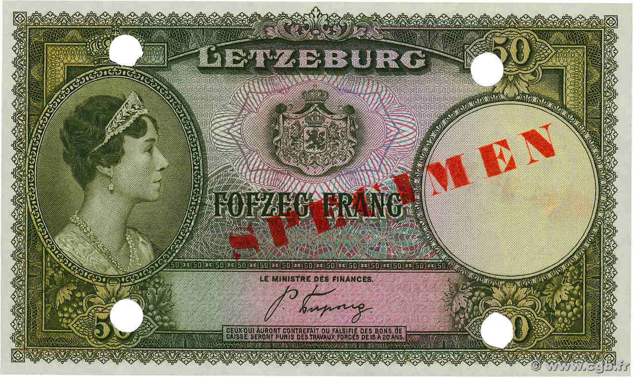 50 Francs Spécimen LUXEMBOURG  1944 P.46s NEUF