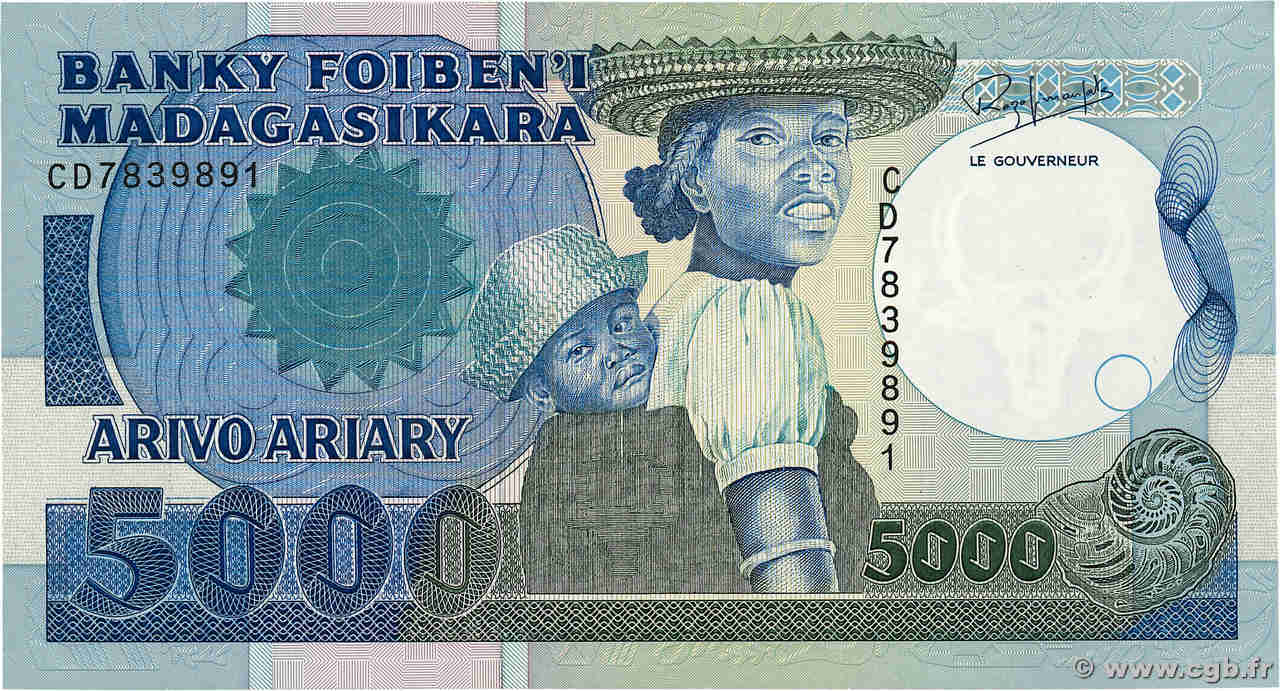 5000 Francs - 1000 Ariary MADAGASCAR  1988 P.073b NEUF