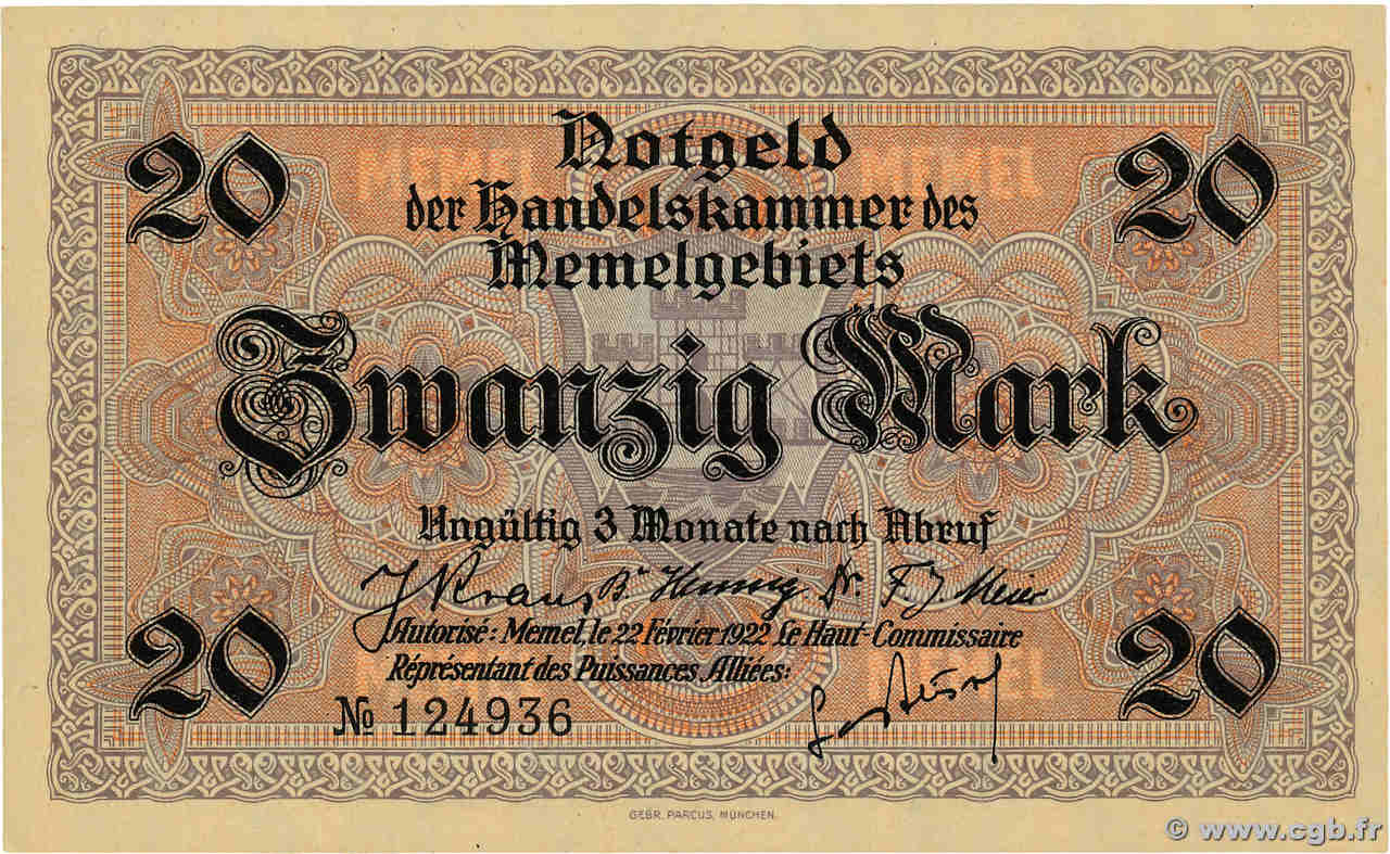 20 Mark MEMEL  1922 P.06a UNC
