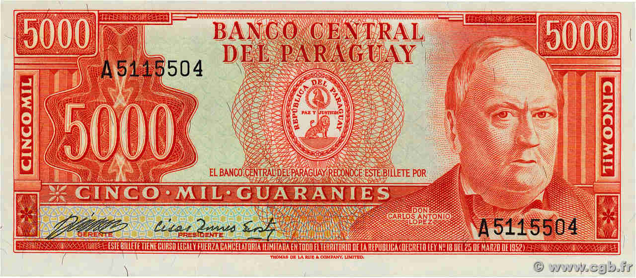 5000 Guaranies PARAGUAY  1982 P.208 UNC