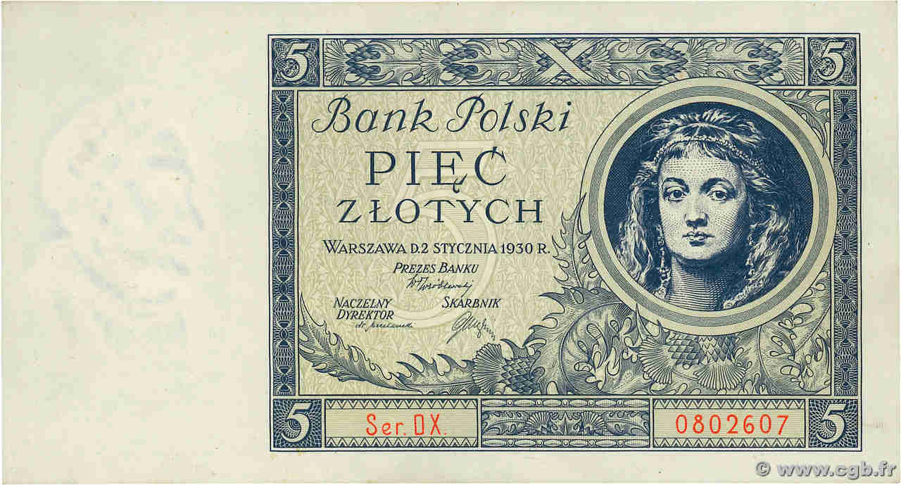 5 Zlotych POLOGNE  1930 P.072 SPL