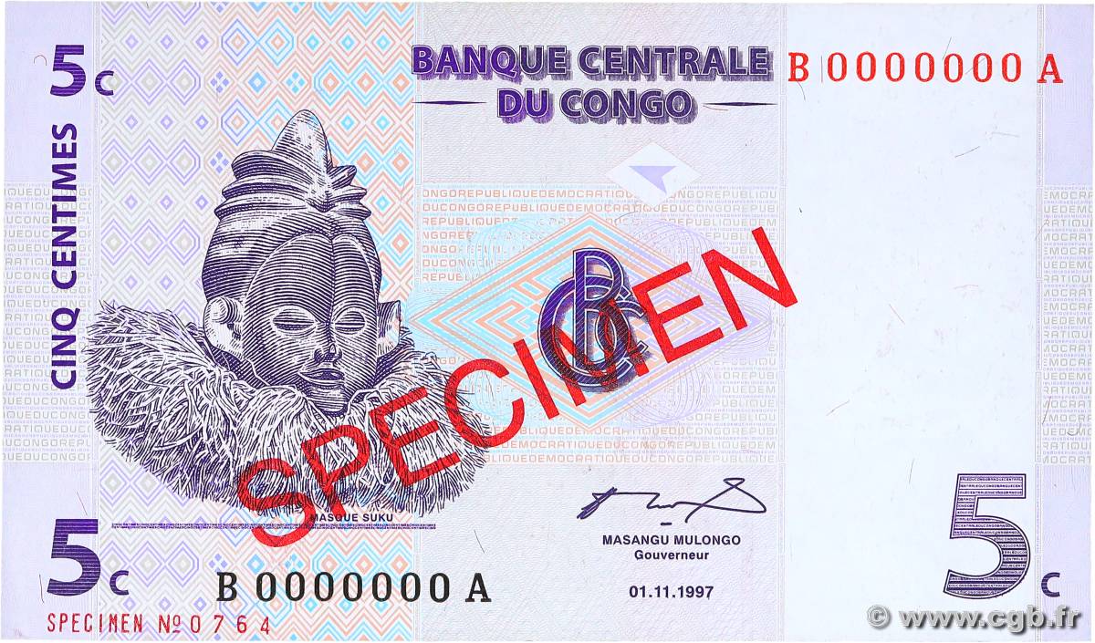 5 Centimes Spécimen CONGO, DEMOCRATIQUE REPUBLIC  1997 P.081s UNC