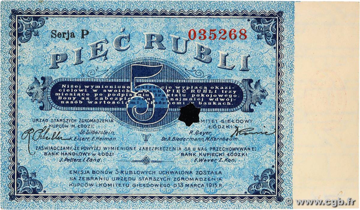 5 Roubles POLOGNE Łódź  1915 P.- SPL